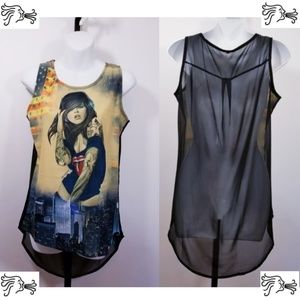 Graphic Tank Top Size M or L Hi Lo Sheer Back